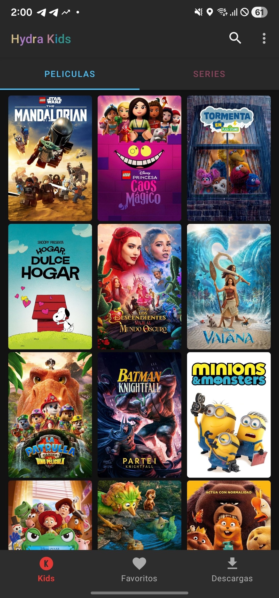 Pantalla principal de la aplicación Hydra Kids con el catálogo de películas